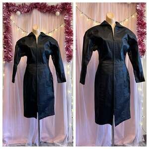 Vintage 80s Winlet Genuine Leather Zipper Front Dress Black Biker New Wave S